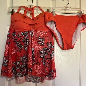 Orange floral two piece flyaway swimsuit.